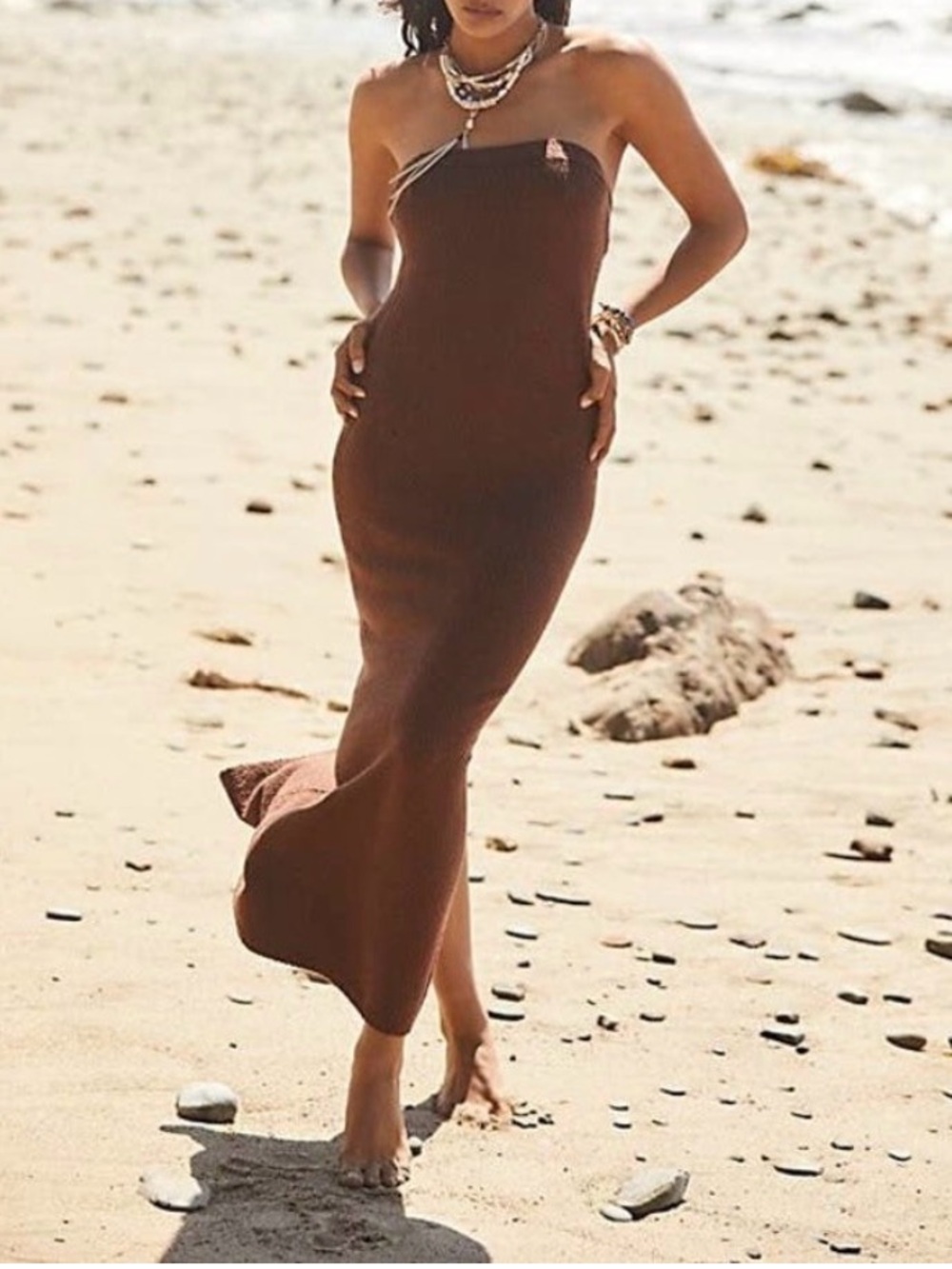 Free People Beach Brown Rio Sweater Maxi Strapless Knit Boho Beachy Resortwear